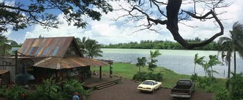 Movie still from “50 First Dates” (2004), directed by Peter Segal – A car parked in front of a house near a body of water; Extreme Wide shot, High angle