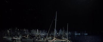 Movie still from “50 First Dates” (2004), directed by Peter Segal – A bunch of boats are in the water at night time; Extreme Wide shot, Low angle