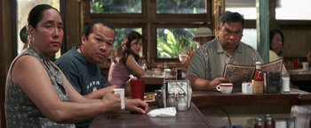 Movie still from “50 First Dates” (2004), directed by Peter Segal – A group of people sitting at a table with drinks; Medium shot, Over the shoulder angle