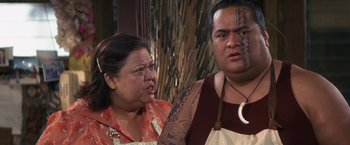 Movie still from “50 First Dates” (2004), directed by Peter Segal – An older woman and a younger man with tattoos on their faces; Close Up shot, Over the shoulder angle