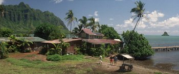 Movie still from “50 First Dates” (2004), directed by Peter Segal – A couple of people standing in front of a house; Extreme Wide shot, High angle