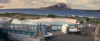 Movie still from “50 First Dates” (2004), directed by Peter Segal – A view of a body of water with a mountain in the background; Extreme Wide shot, High angle