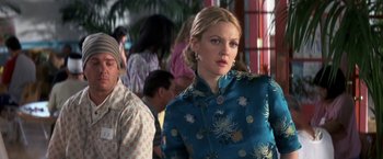 Movie still from “50 First Dates” (2004), directed by Peter Segal – A woman in a blue dress standing in front of a group of people; Close Up shot, Over the shoulder angle