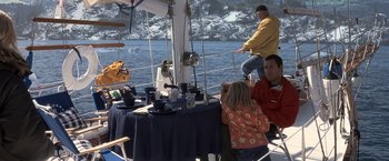 Movie still from “50 First Dates” (2004), directed by Peter Segal – A group of people sitting at a table on top of a boat; Wide shot, High angle