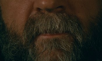 Movie still from “7 Rm., kit., ba...” (1984), directed by Agnès Varda – View of a man's beard and mustache; Extreme Close Up shot, Low angle