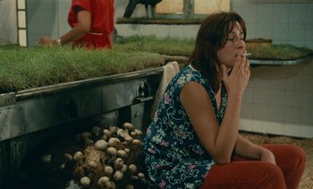 Movie still from “7 Rm., kit., ba...” (1984), directed by Agnès Varda – A woman sitting next to a pile of mushrooms in front of a fire place; Medium shot, High angle