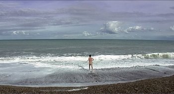 Movie still from “9 Songs” (2004), directed by Michael Winterbottom – A man standing on a beach near the ocean; Extreme Wide shot, High angle