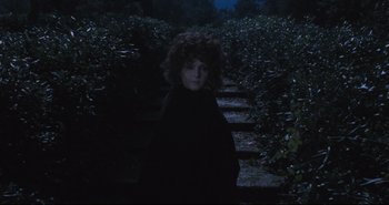 Movie still from “A Bay of Blood” (1971), directed by Mario Bava – A person with curly brown hair standing in a field at night; Medium shot, High angle