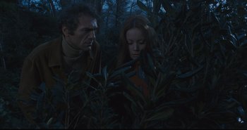 Movie still from “A Bay of Blood” (1971), directed by Mario Bava – A man and a woman looking at each other in the woods; Medium shot, Low angle