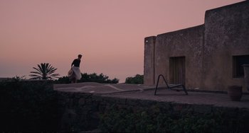 Movie still from “A Bigger Splash” (2015), directed by Luca Guadagnino – A person carrying a surfboard on top of a building; Extreme Wide shot, Low angle