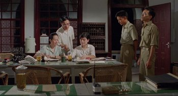 Movie still from “A Brighter Summer Day” (1991), directed by Edward Yang – A group of people sitting around a table; Wide shot, High angle