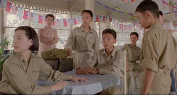 Movie still from “A Brighter Summer Day” (1991), directed by Edward Yang – A group of young men sitting around a table; Medium shot, Over the shoulder angle