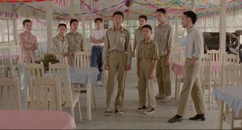 Movie still from “A Brighter Summer Day” (1991), directed by Edward Yang – A group of young men standing in a room; Wide shot, Low angle