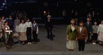 Movie still from “A Brighter Summer Day” (1991), directed by Edward Yang – A group of people standing in a parking lot at night; Wide shot, High angle