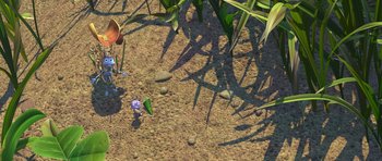 Movie still from “A Bug's Life” (1998), directed by John Lasseter – An overhead view of a person in a garden; Extreme Wide shot, High angle