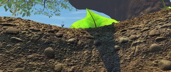 Movie still from “A Bug's Life” (1998), directed by John Lasseter – An ant and a green leaf on the side of a hill; Extreme Wide shot, High angle