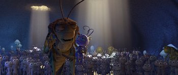Movie still from “A Bug's Life” (1998), directed by John Lasseter – A bunch of bugs in a room with a bunch of bugs in the background; Extreme Wide shot, High angle