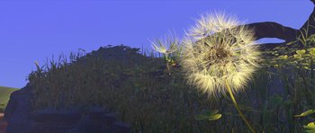 Movie still from “A Bug's Life” (1998), directed by John Lasseter – A digital image of a dandelion in a field; Extreme Wide shot, Low angle