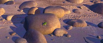Movie still from “A Bug's Life” (1998), directed by John Lasseter – A bunch of rocks on the ground with a plant growing out of it; Extreme Wide shot, Overhead angle