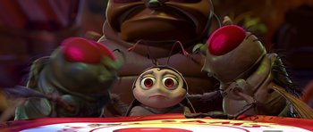 Movie still from “A Bug's Life” (1998), directed by John Lasseter – A cartoon bug with a face in the foreground; Extreme Close Up shot, High angle