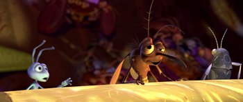 Movie still from “A Bug's Life” (1998), directed by John Lasseter – An animated bug is standing on the ground; Extreme Close Up shot, Over the shoulder angle