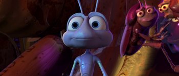 Movie still from “A Bug's Life” (1998), directed by John Lasseter – An animated bug with a surprised look on its face; Extreme Close Up shot, High angle