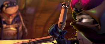 Movie still from “A Bug's Life” (1998), directed by John Lasseter – A cartoon character's face; Extreme Close Up shot, Low angle