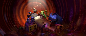 Movie still from “A Bug's Life” (1998), directed by John Lasseter – A group of people standing next to each other in a tunnel; Extreme Wide shot, High angle