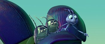 Movie still from “A Bug's Life” (1998), directed by John Lasseter – A couple of bugs that are sitting in a room; Medium shot, High angle