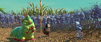 Movie still from “A Bug's Life” (1998), directed by John Lasseter – An image of an animated scene of a field of bugs; Extreme Wide shot, High angle