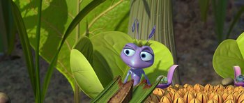 Movie still from “A Bug's Life” (1998), directed by John Lasseter – An animated bug standing on top of a leaf; Extreme Close Up shot, High angle