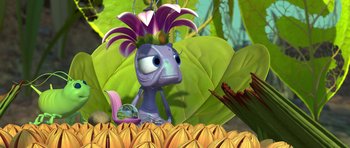 Movie still from “A Bug's Life” (1998), directed by John Lasseter – An animated creature with a purple flower in its head; Close Up shot, High angle