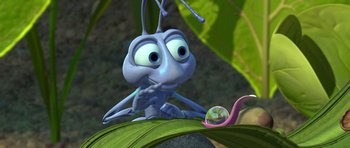 Movie still from “A Bug's Life” (1998), directed by John Lasseter – An animated bug sitting on a leaf next to a glass ball; Extreme Close Up shot, High angle
