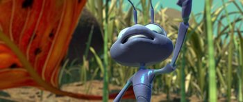 Movie still from “A Bug's Life” (1998), directed by John Lasseter – An animated bug is looking at the camera; Extreme Close Up shot, High angle