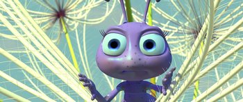 Movie still from “A Bug's Life” (1998), directed by John Lasseter – An animated bug is looking up at the camera; Extreme Close Up shot, High angle