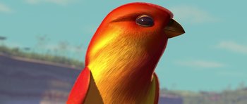 Movie still from “A Bug's Life” (1998), directed by John Lasseter – A red and yellow bird with a blue sky in the background; Extreme Close Up shot, Low angle