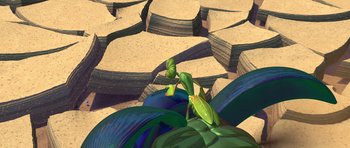 Movie still from “A Bug's Life” (1998), directed by John Lasseter – An image of a plant that is growing in the ground; Wide shot, High angle