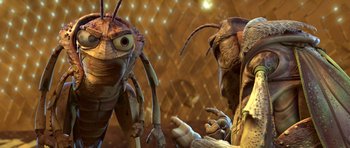 Movie still from “A Bug's Life” (1998), directed by John Lasseter – A creature in a room with a person; Extreme Close Up shot, Low angle