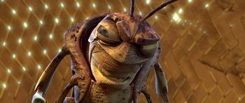 Movie still from “A Bug's Life” (1998), directed by John Lasseter – An insect with a big head and eyes; Extreme Close Up shot, High angle