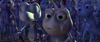 Movie still from “A Bug's Life” (1998), directed by John Lasseter – An ant and a bug are standing in a crowd; Extreme Close Up shot, High angle