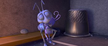 Movie still from “A Bug's Life” (1998), directed by John Lasseter – An animated bug is holding a cell phone in his hand; Extreme Close Up shot, High angle