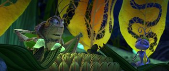 Movie still from “A Bug's Life” (1998), directed by John Lasseter – An insect sitting on top of a pile of pineapples; Extreme Close Up shot, Over the shoulder angle