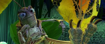 Movie still from “A Bug's Life” (1998), directed by John Lasseter – An alien creature with a bird on its back; Medium shot, High angle