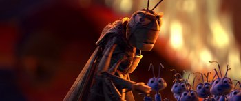 Movie still from “A Bug's Life” (1998), directed by John Lasseter – A bug and a bug - like creature; Extreme Close Up shot, Over the shoulder angle