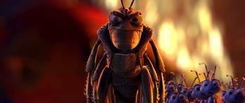 Movie still from “A Bug's Life” (1998), directed by John Lasseter – A bug with a blurry background; Extreme Close Up shot, Low angle