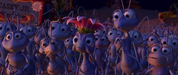 Movie still from “A Bug's Life” (1998), directed by John Lasseter – A bunch of purple ants with flowers on their heads; Extreme Close Up shot, High angle