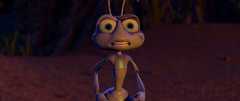 Movie still from “A Bug's Life” (1998), directed by John Lasseter – An animated bug is standing in the dark; Extreme Close Up shot, High angle