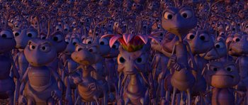 Movie still from “A Bug's Life” (1998), directed by John Lasseter – An image of a bunch of aliens with flowers on their heads; Extreme Close Up shot, High angle