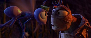 Movie still from “A Bug's Life” (1998), directed by John Lasseter – A character's eyes and head in a scene; Close Up shot, Over the shoulder angle