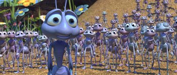 Movie still from “A Bug's Life” (1998), directed by John Lasseter – A large group of ants that are standing together; Extreme Close Up shot, High angle